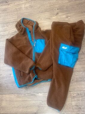 HUF Brown and Blue Sherpa Track Pants & Jacket Set